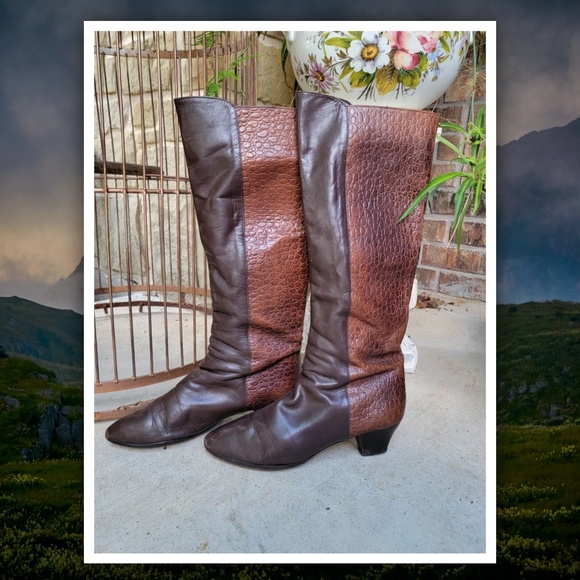 vintage 1980s brown leather alligator embossed knee high riding boots  8B - Picture 3 of 8